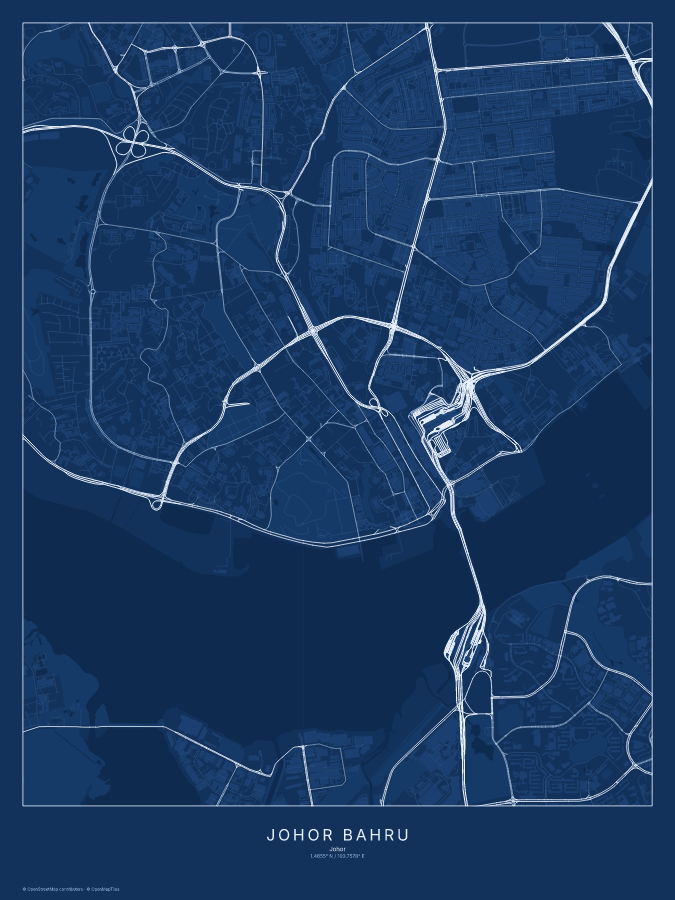Johor Bahru map poster, blueprint style