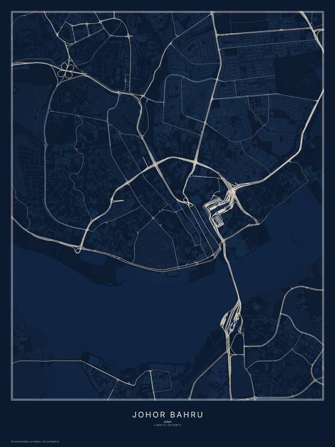 Johor Bahru map poster, midnight style
