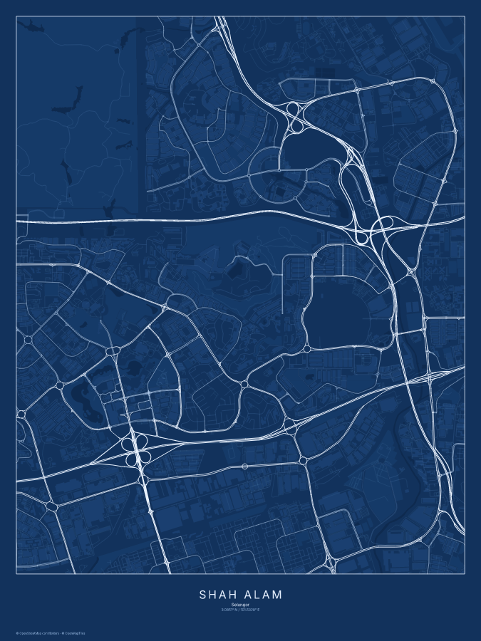 Shah Alam map poster, blueprint style