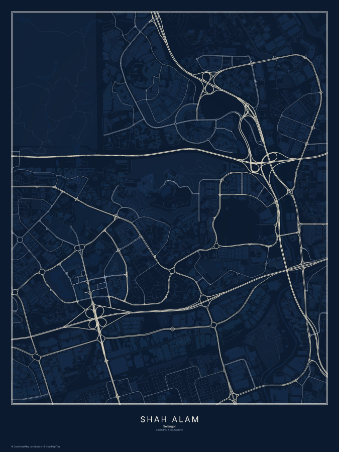 Shah Alam map poster, midnight style