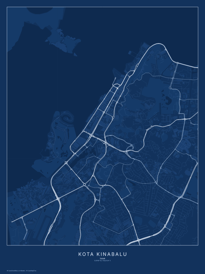 Kota Kinabalu map poster, blueprint style