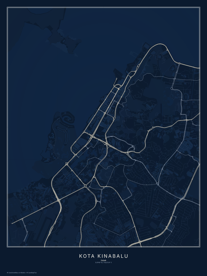 Kota Kinabalu map poster, midnight style