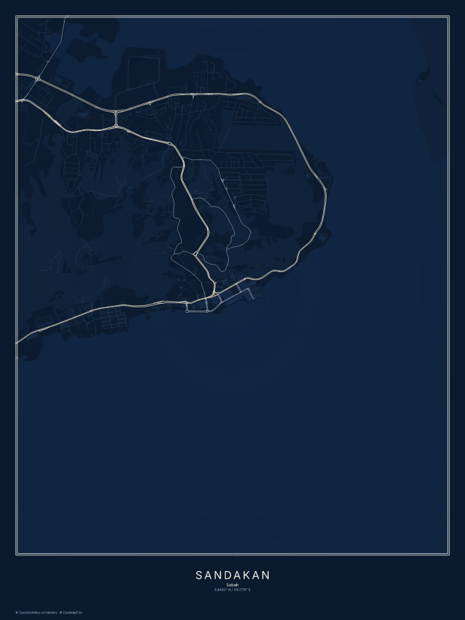 Sandakan map poster, midnight style