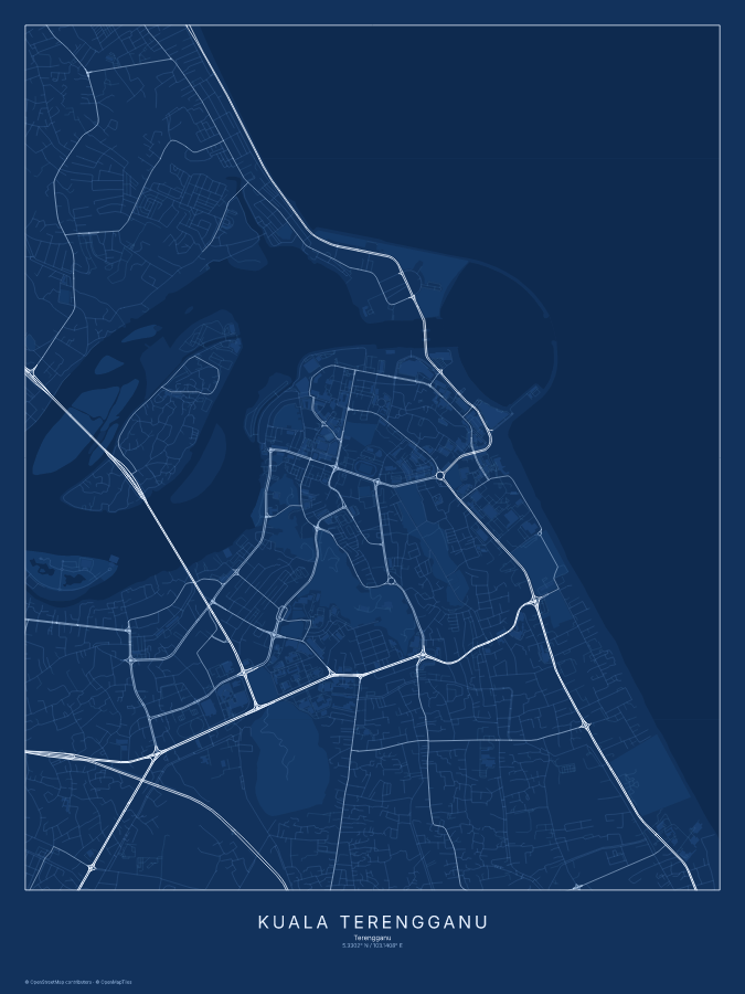 Kuala Terengganu map poster, blueprint style