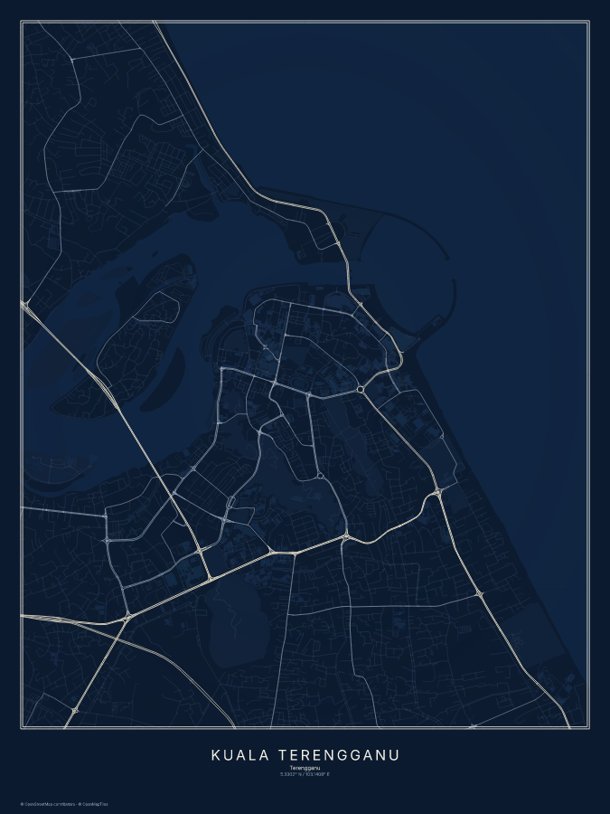 Kuala Terengganu map poster, midnight style