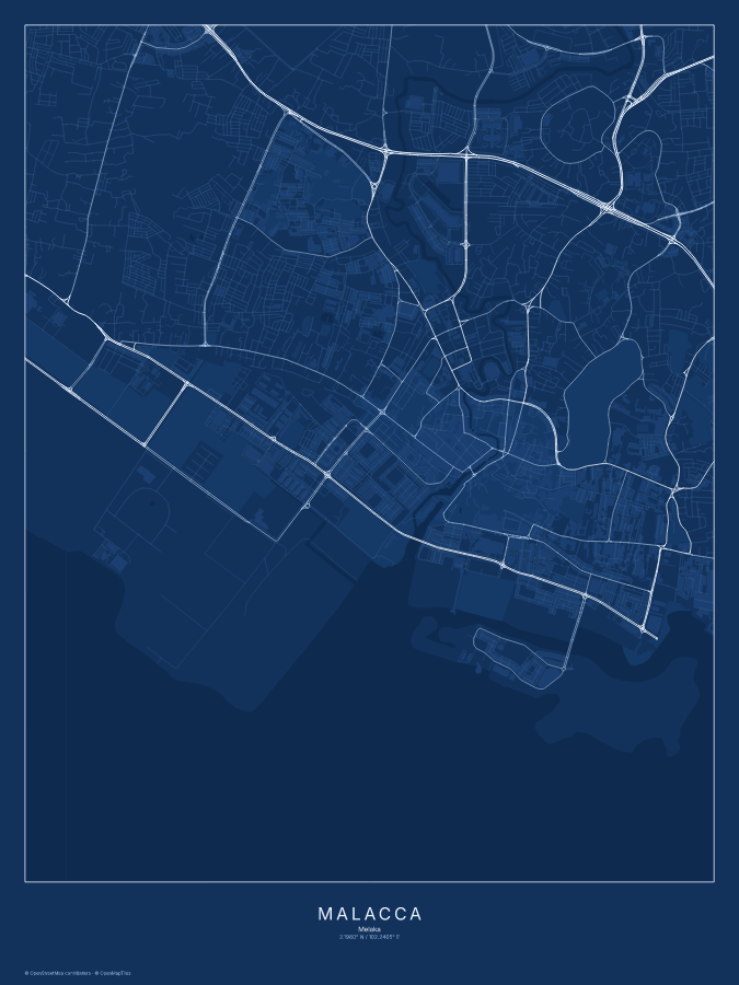 Malacca map poster, blueprint style