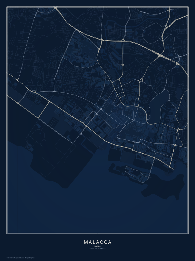 Malacca map poster, midnight style
