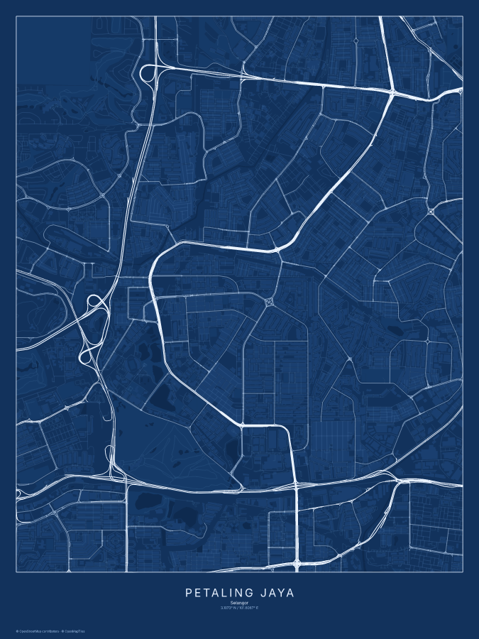 Petaling Jaya map poster, blueprint style