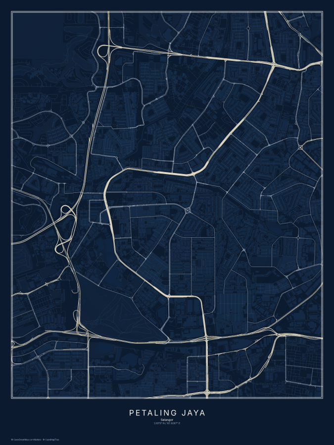 Petaling Jaya map poster, midnight style