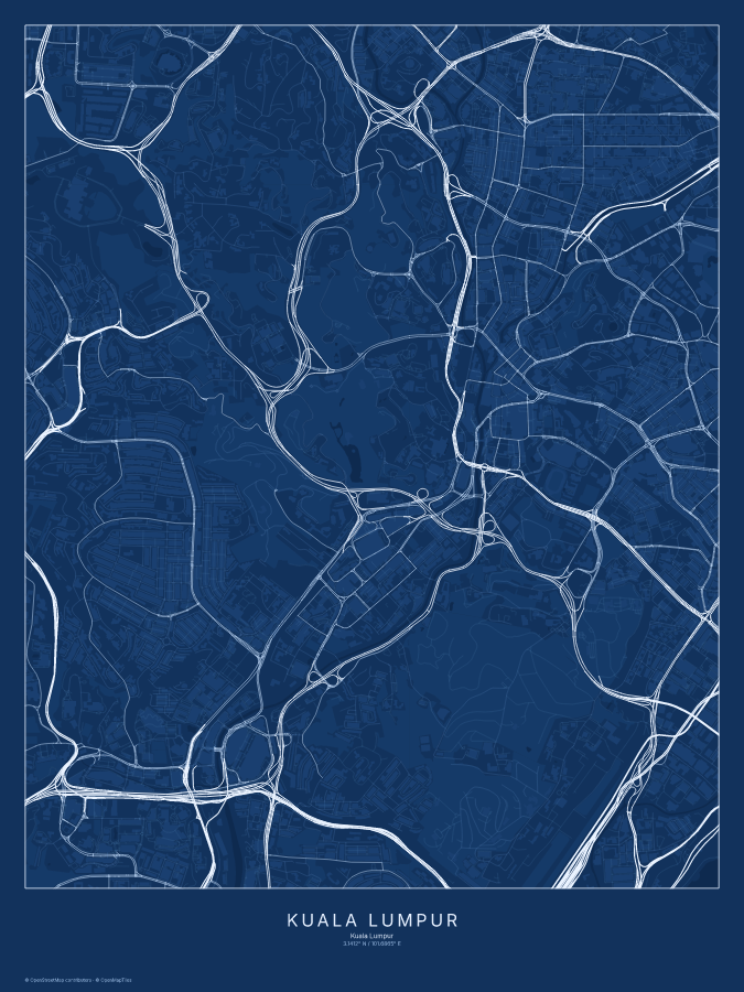 Kuala Lumpur map poster, blueprint style