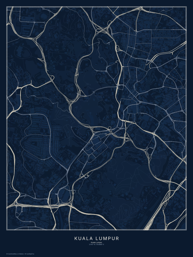 Kuala Lumpur map poster, midnight style