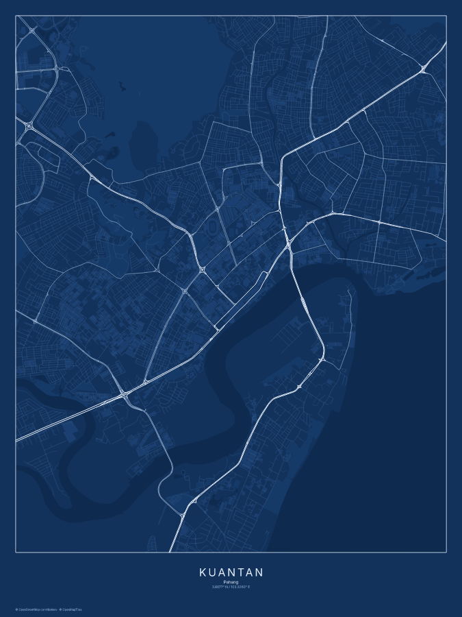 Kuantan map poster, blueprint style