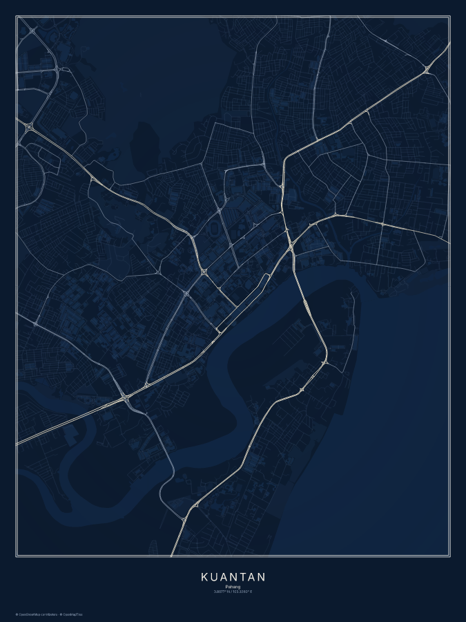Kuantan map poster, midnight style
