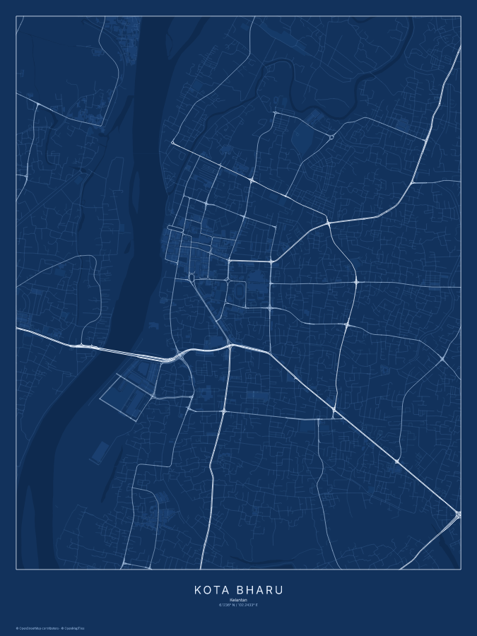 Kota Bharu map poster, blueprint style