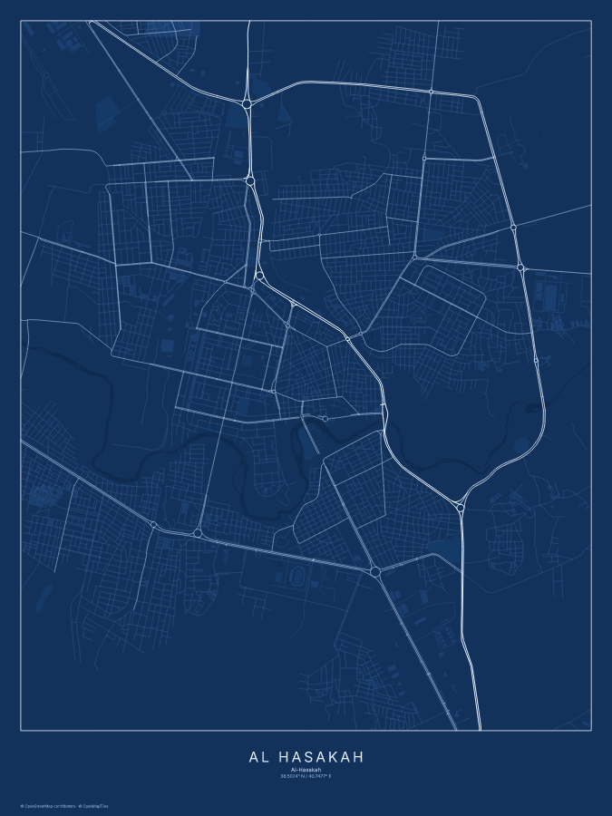 Al Ḩasakah map poster, blueprint style