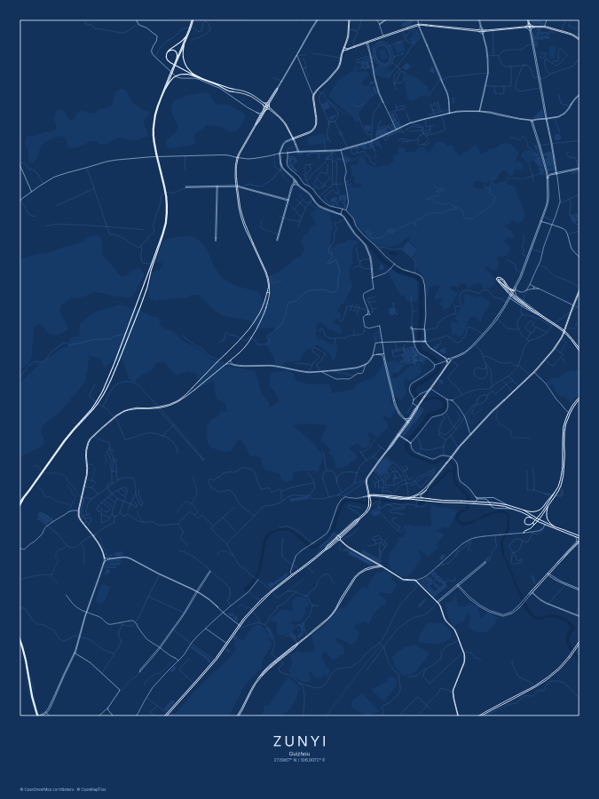 Zunyi map poster, blueprint style