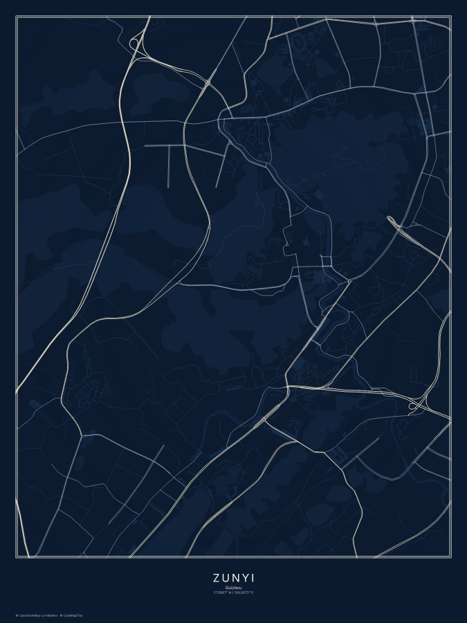 Zunyi map poster, midnight style