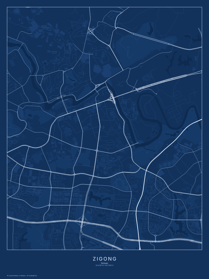 Zigong map poster, blueprint style