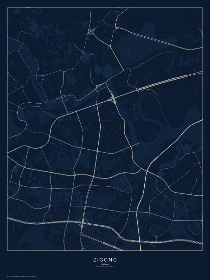 Zigong map poster, midnight style