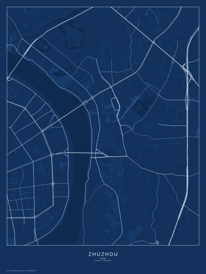 Zhuzhou map poster, blueprint style