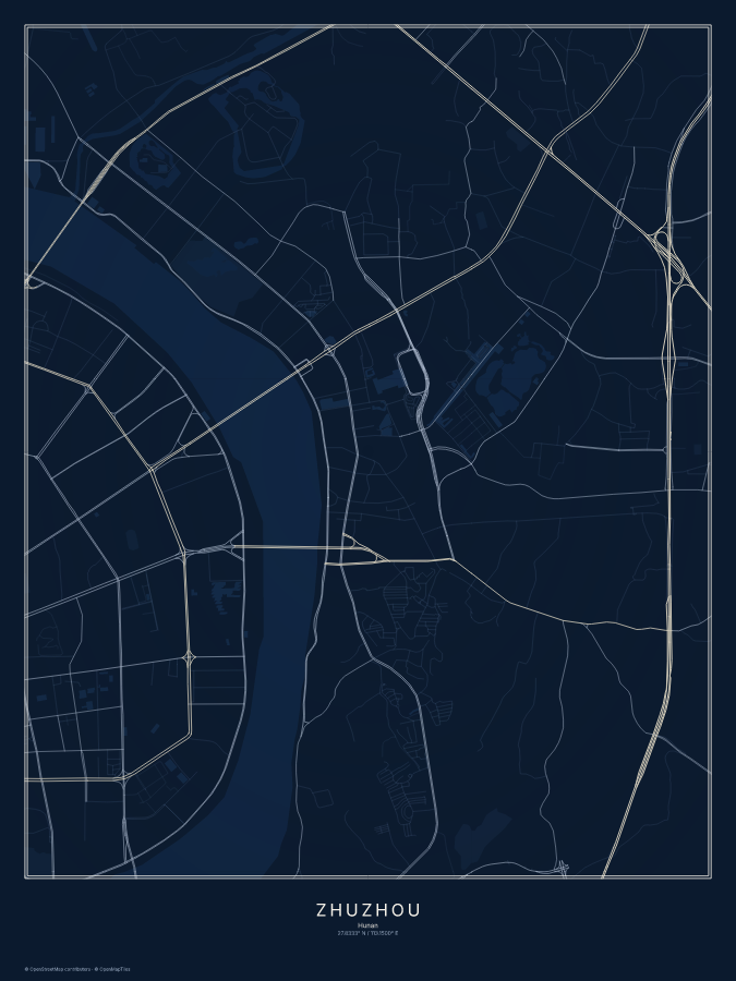 Zhuzhou map poster, midnight style