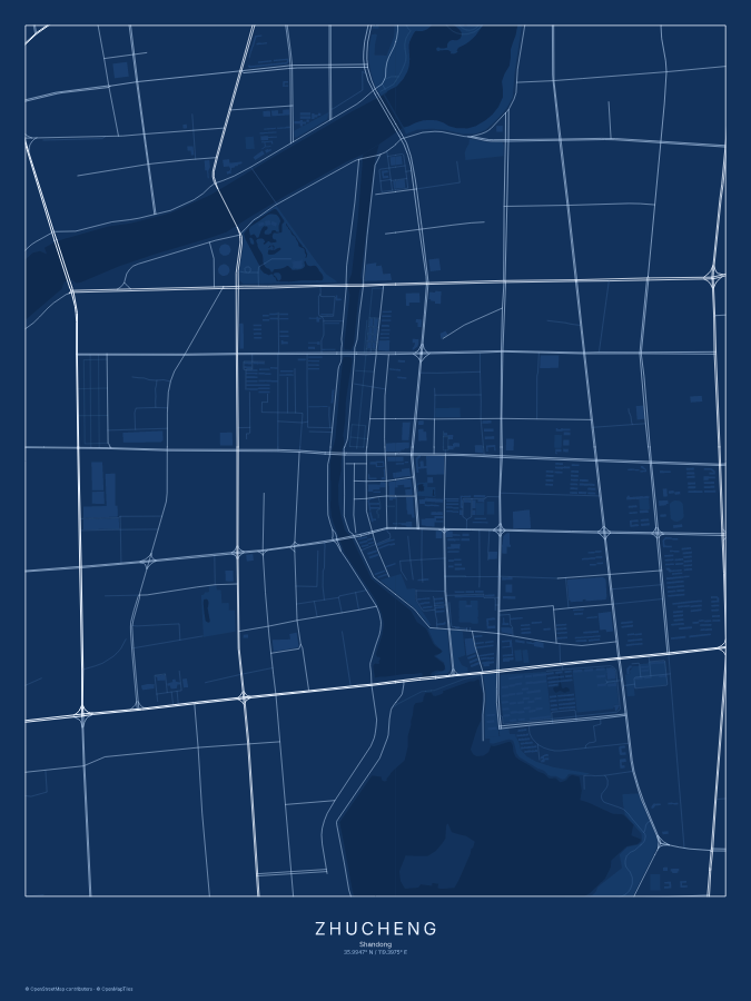 Zhucheng map poster, blueprint style