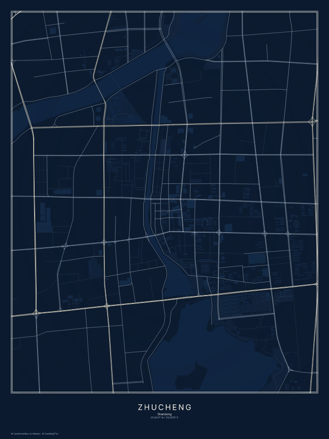 Zhucheng map poster, midnight style