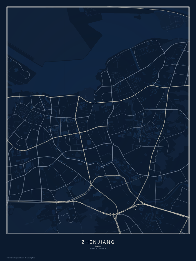Zhenjiang map poster, midnight style