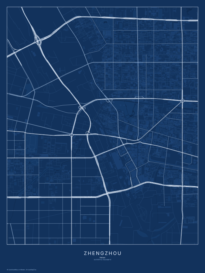 Zhengzhou map poster, blueprint style