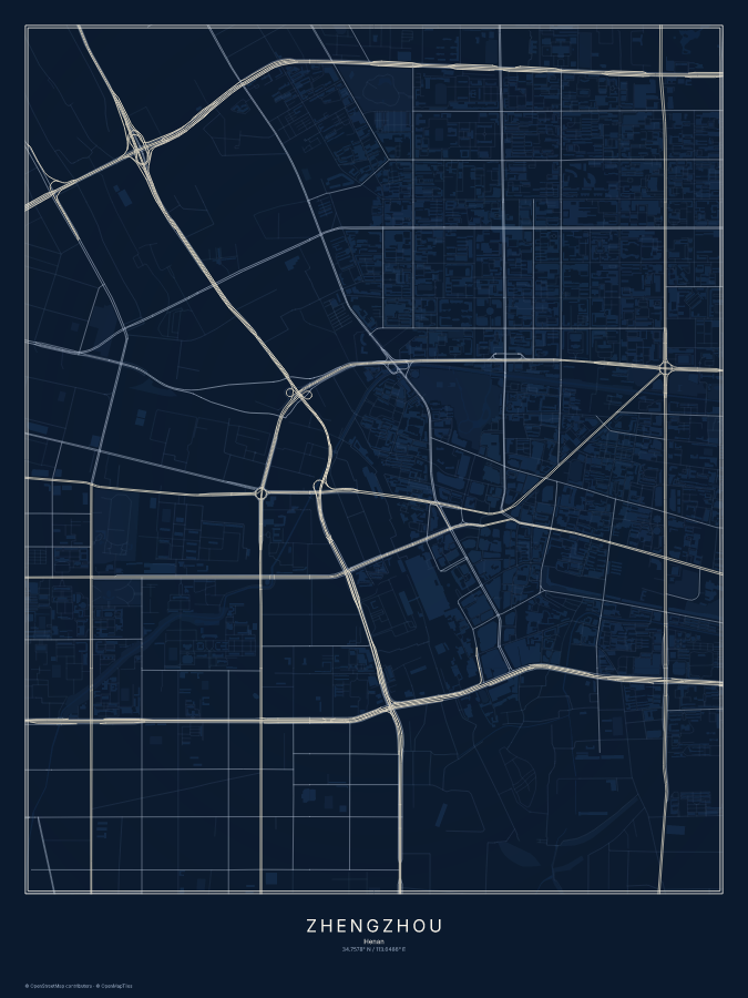 Zhengzhou map poster, midnight style