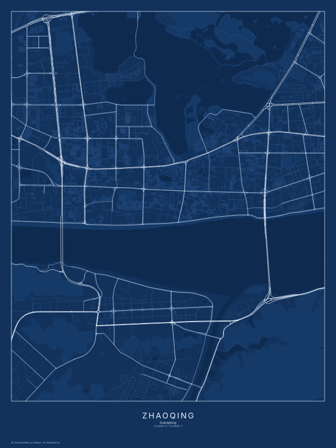 Zhaoqing map poster, blueprint style