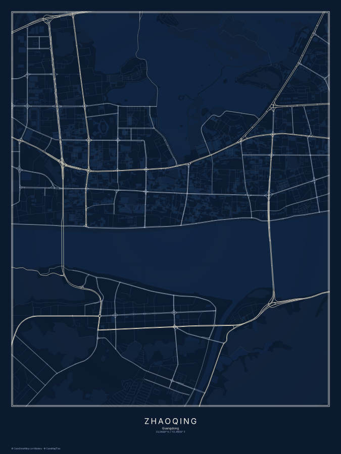 Zhaoqing map poster, midnight style