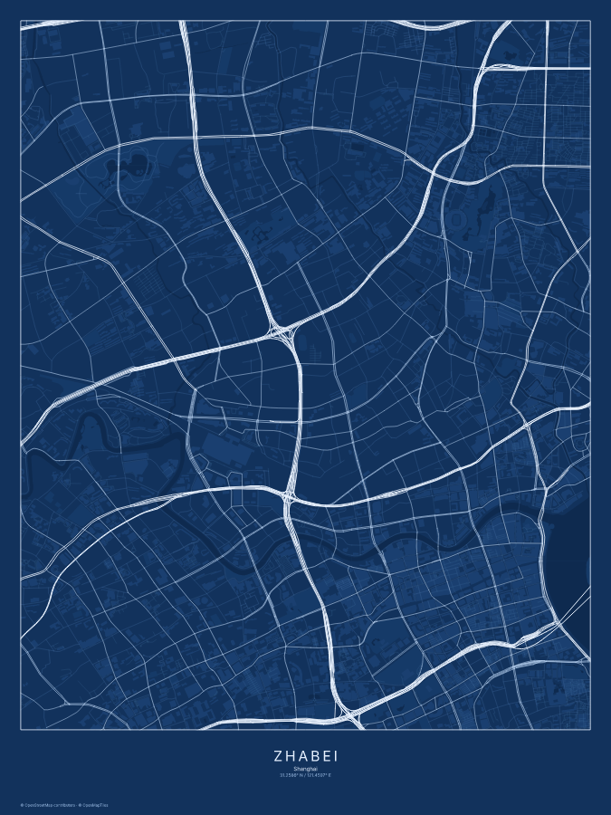 Zhabei map poster, blueprint style