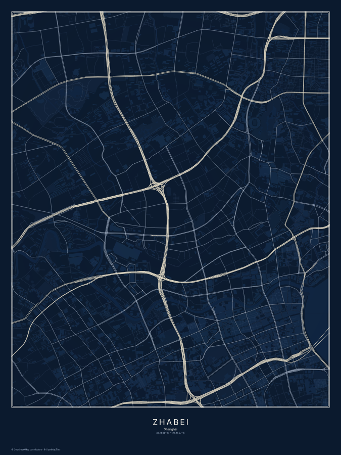 Zhabei map poster, midnight style