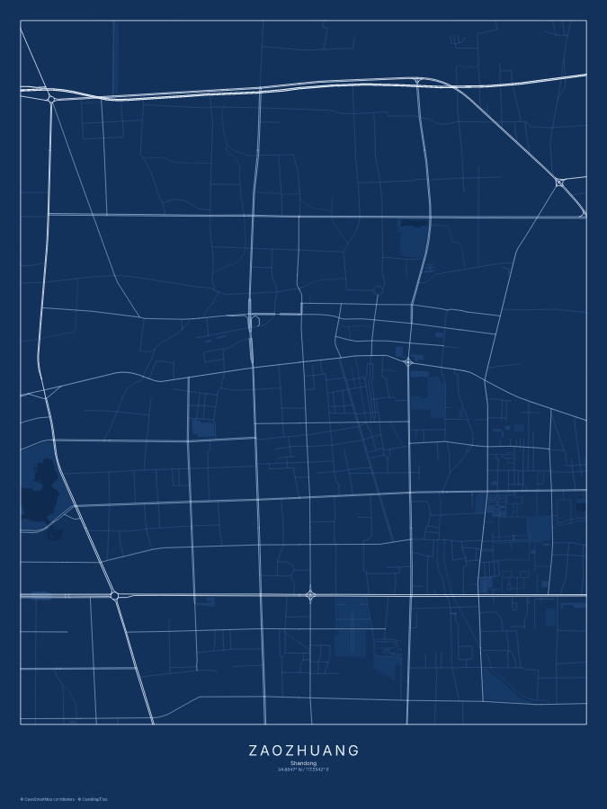 Zaozhuang map poster, blueprint style