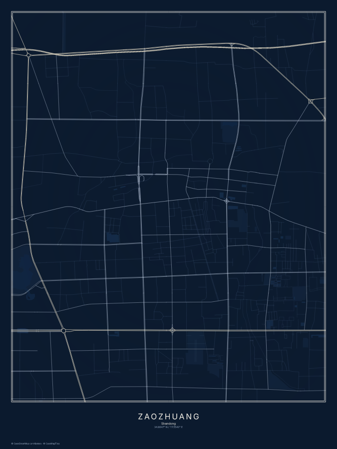 Zaozhuang map poster, midnight style