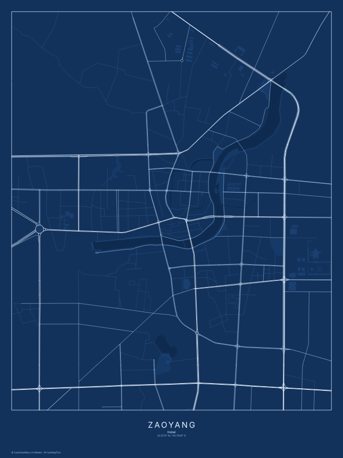 Zaoyang map poster, blueprint style
