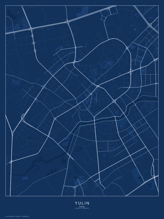 Yulin map poster, blueprint style