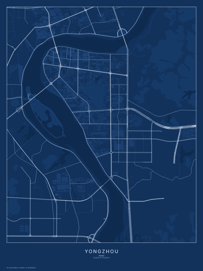Yongzhou map poster, blueprint style