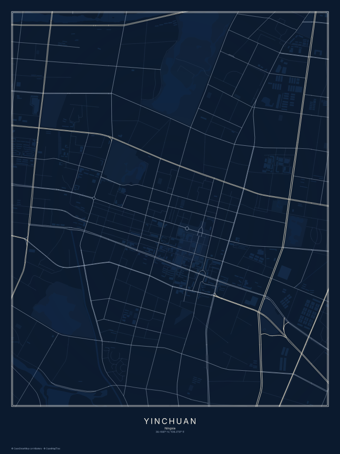 Yinchuan map poster, midnight style