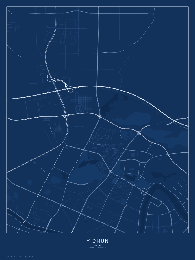 Yichun map poster, blueprint style