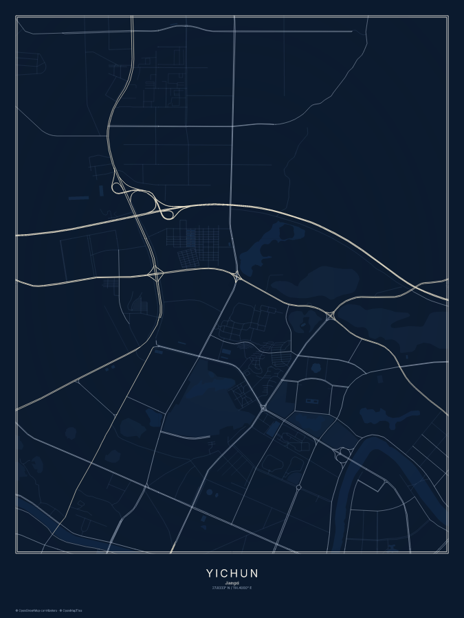 Yichun map poster, midnight style