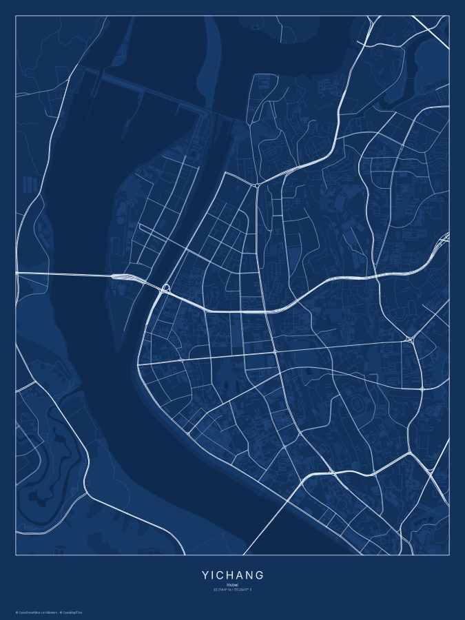 Yichang map poster, blueprint style