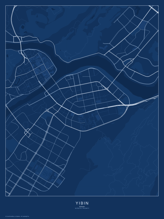 Yibin map poster, blueprint style
