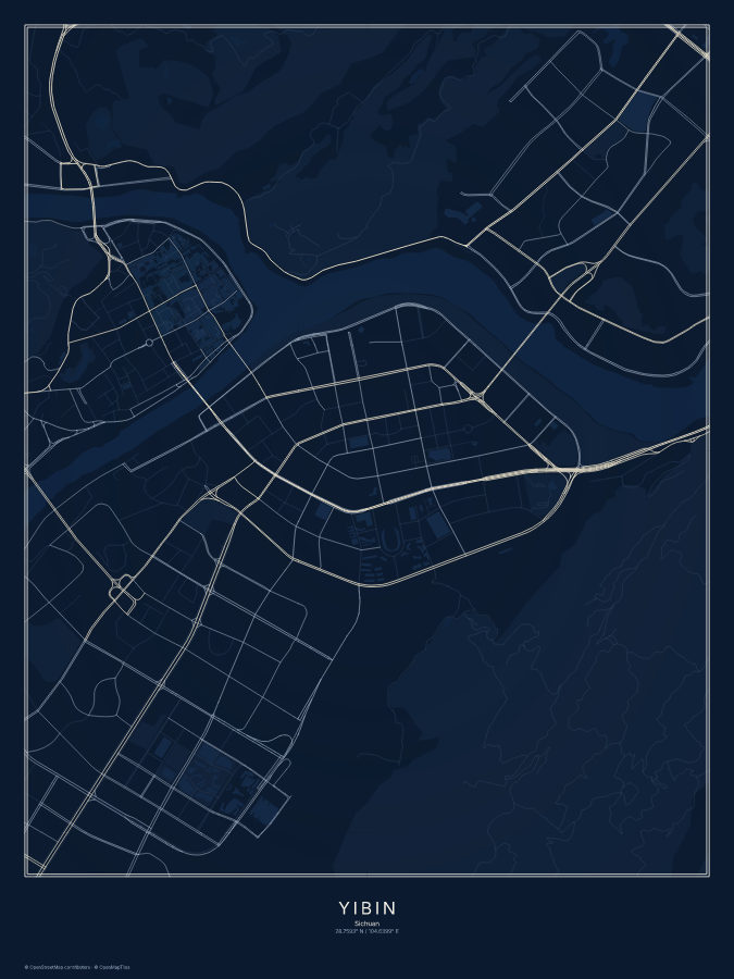 Yibin map poster, midnight style