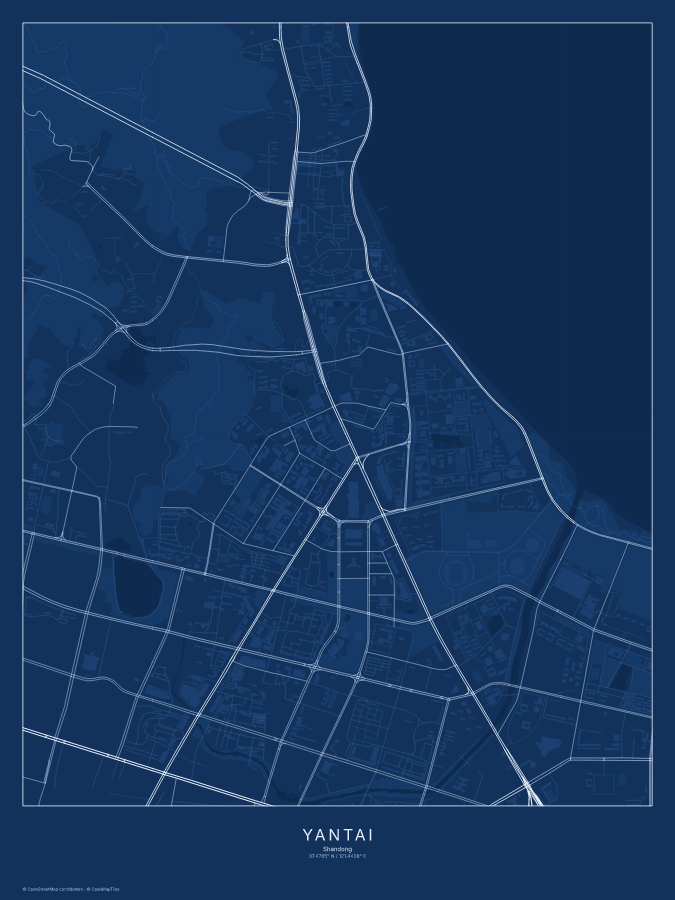 Yantai map poster, blueprint style