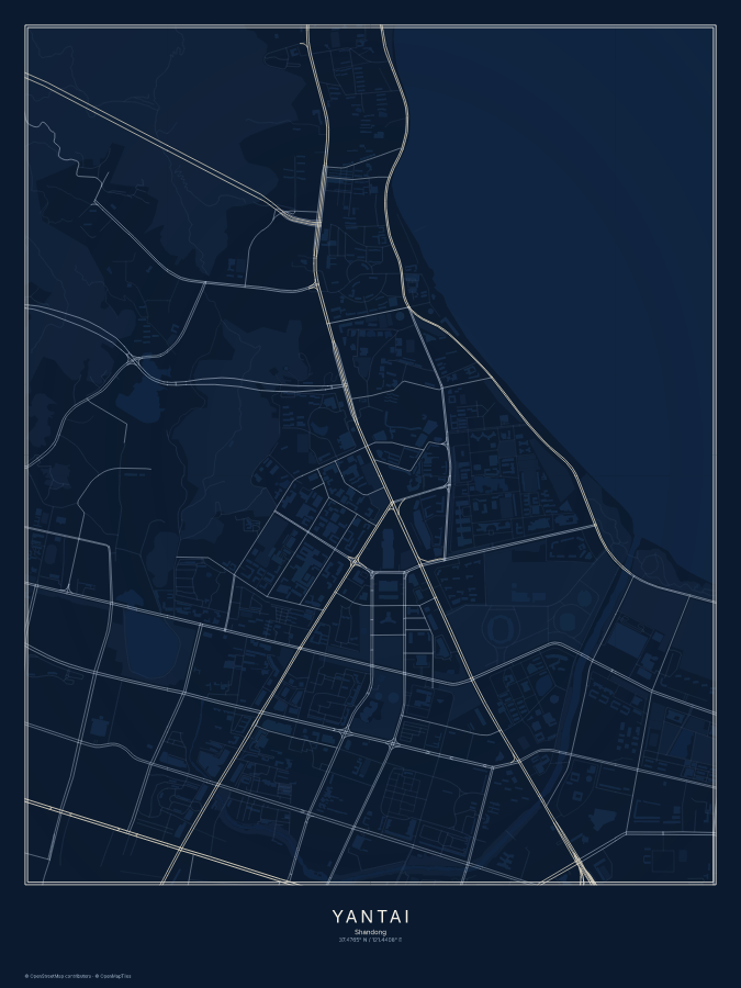 Yantai map poster, midnight style