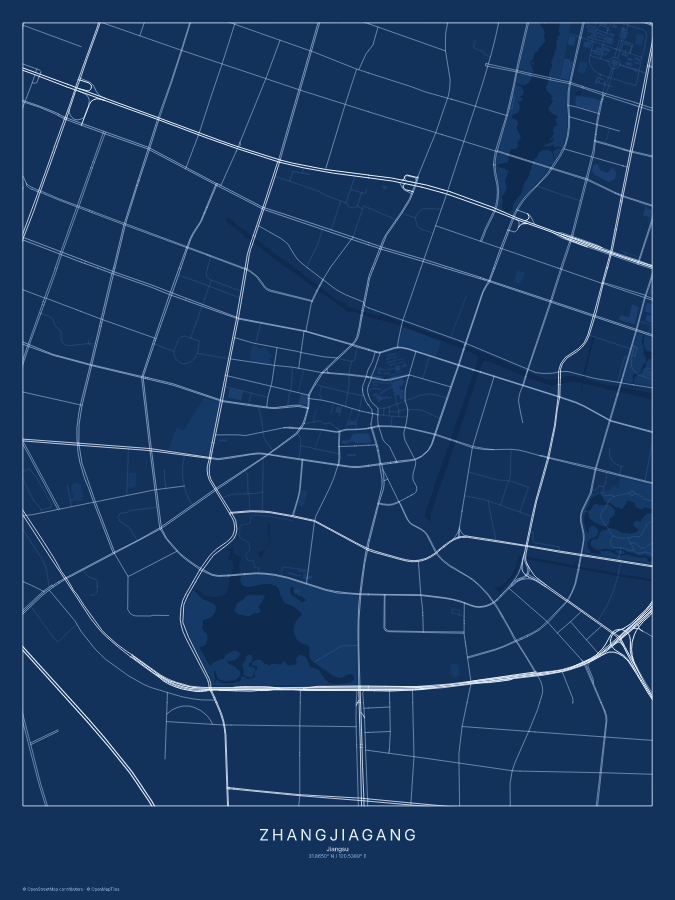 Zhangjiagang map poster, blueprint style