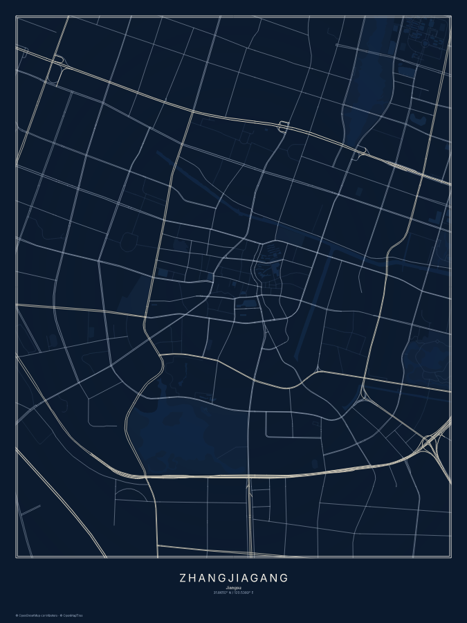 Zhangjiagang map poster, midnight style