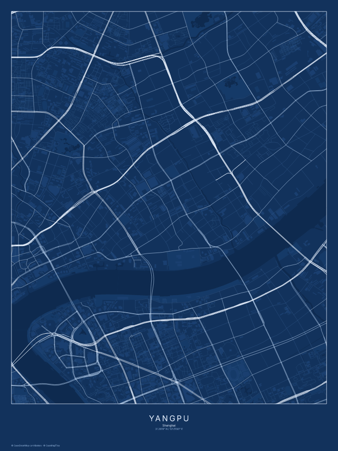 Yangpu map poster, blueprint style